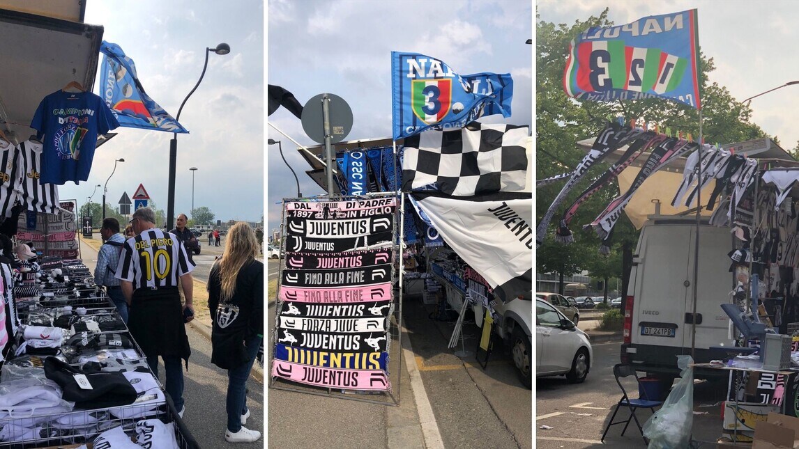 Juve-Napoli, bandiere con lo Scudetto azzurro in vendita allo Stadium