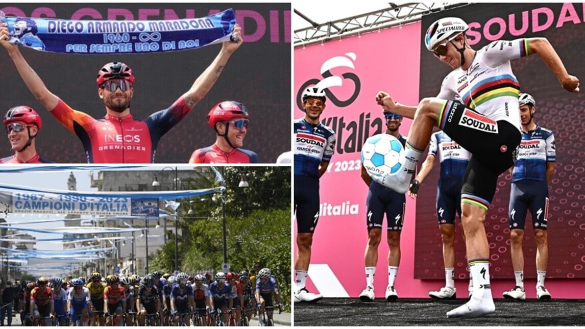 Napoli, dopo lo scudetto il Giro: i palleggi di Evenepoel e l'omaggio di Ganna a Maradona