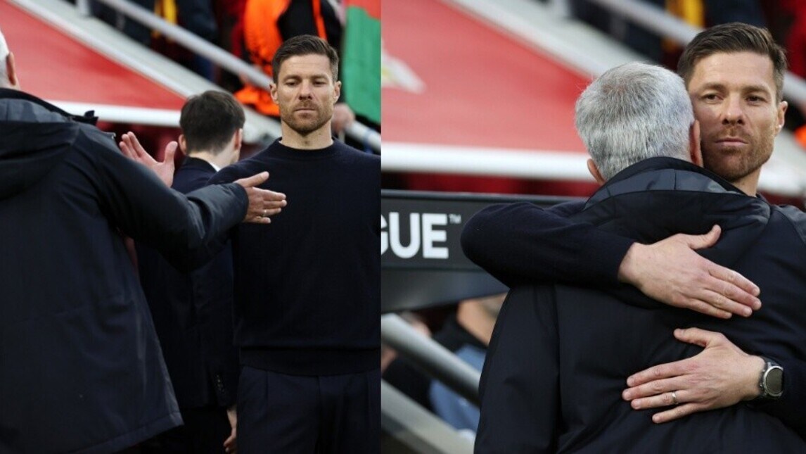 Bayer Leverkusen-Roma: l'abbraccio di Xabi Alonso al maestro Mourinho