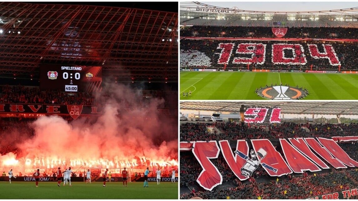Bayer Leverkusen-Roma: la super coreografia dei tifosi tedeschi