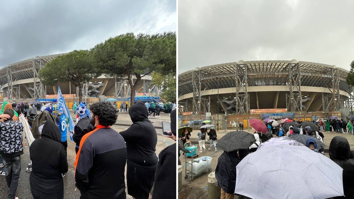 Napoli-Inter, diluvio al Maradona: tifosi in coda sotto la pioggia