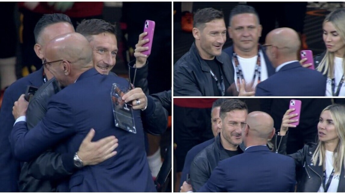 Siviglia-Roma, Totti in campo con Noemi: l'abbraccio a Monchi