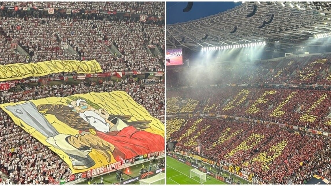 Siviglia-Roma, spettacolo alla Puskas Arena: le coreografie dei tifosi