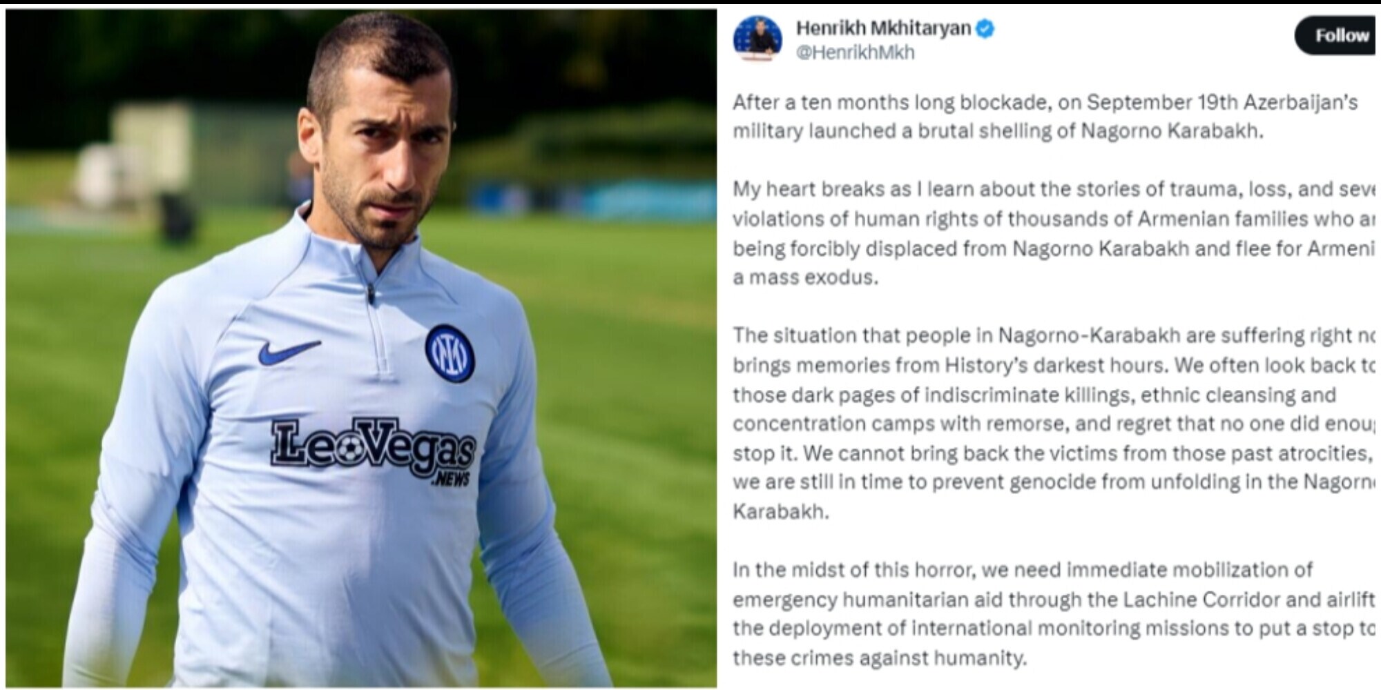 L'appello di Mkhitaryan per fermare il genocidio nel Nagorno Karabakh