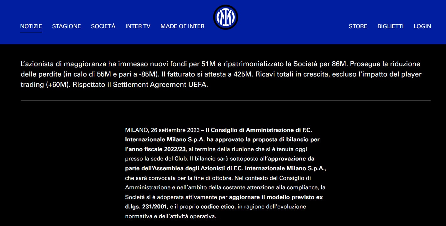 Inter, il Cda approva risultati finanziari stagione 2022-2023
