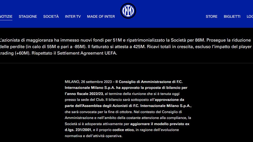 Inter, il Cda approva risultati finanziari stagione 2022-2023