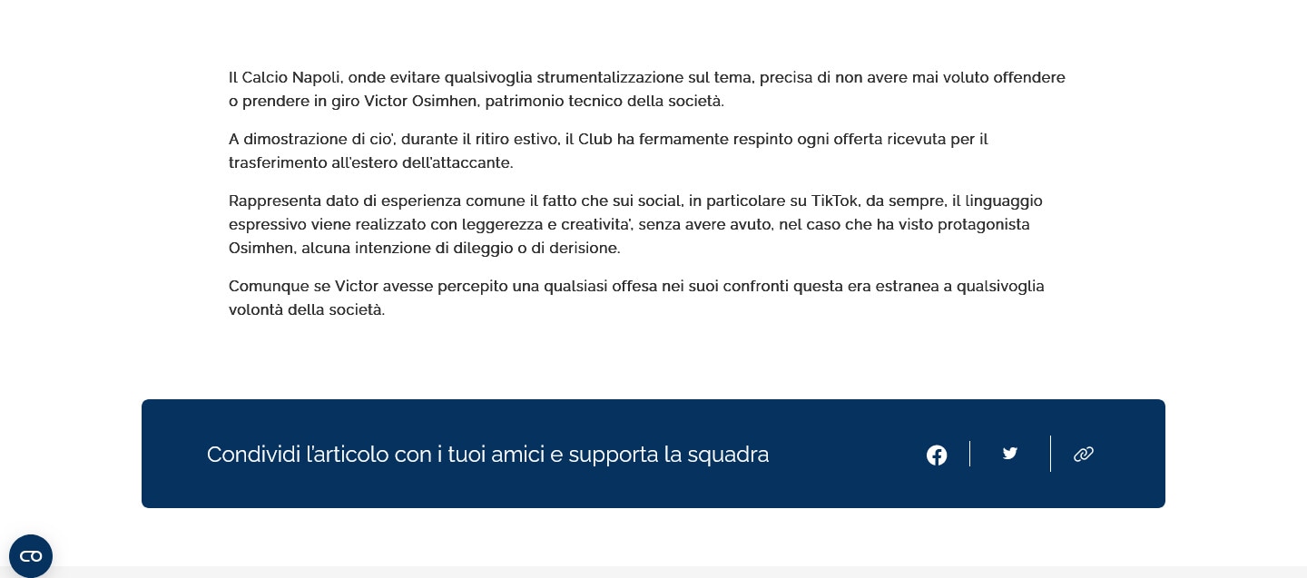 Caso Osimhen, il chiarimento del Napoli: "Mai voluto offendere"