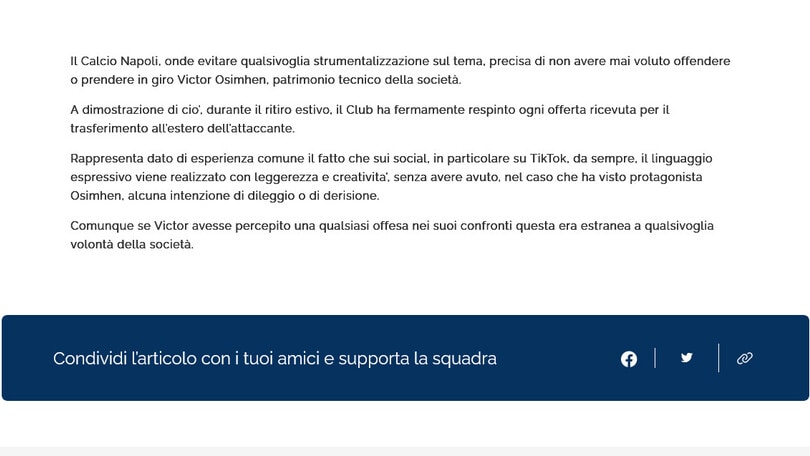 Caso Osimhen, il chiarimento del Napoli: "Mai voluto offendere"