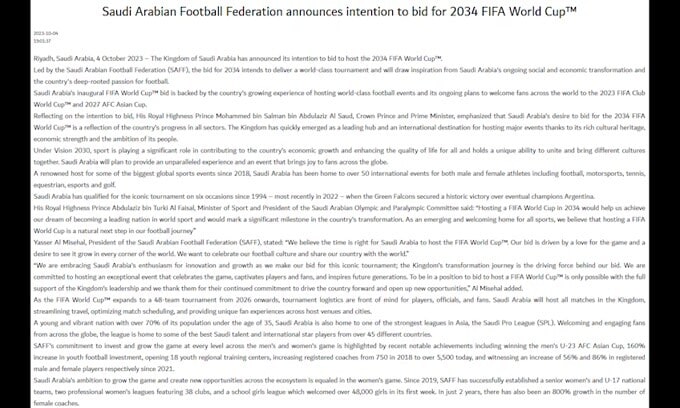 Mondiale 2034: ufficiale la candidatura dell'Arabia Saudita