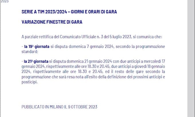 Calendario Serie A, come cambiano le date