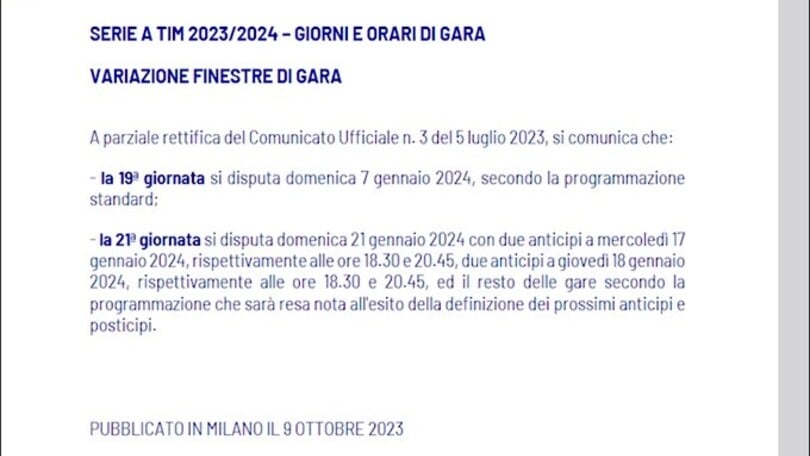 Calendario Serie A, come cambiano le date