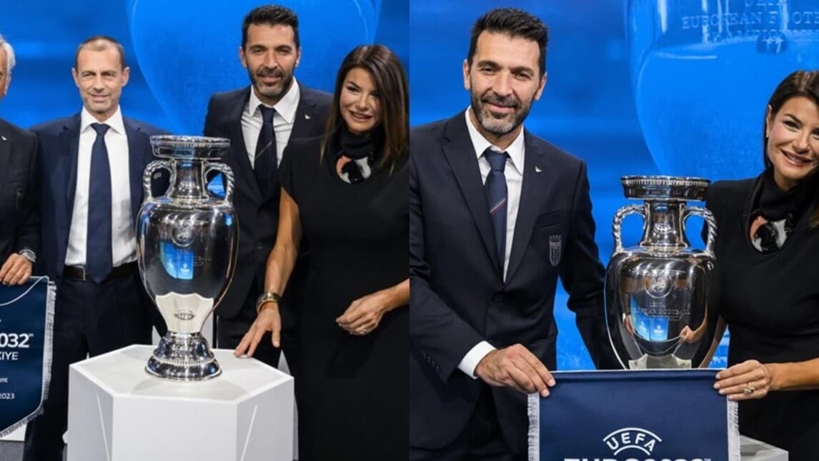 Buffon e Ilaria D'Amico a Nyon per l'assegnazione di Euro2032 a Italia e Turchia