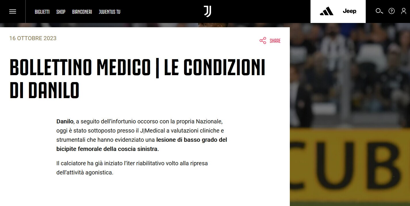 Juventus, tegola Danilo: out 20 giorni, salta il Milan