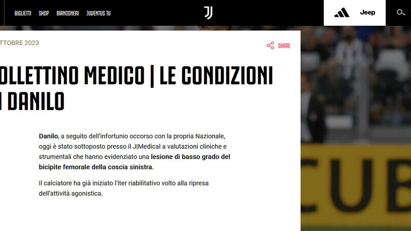 Juventus, tegola Danilo: out 20 giorni, salta il Milan