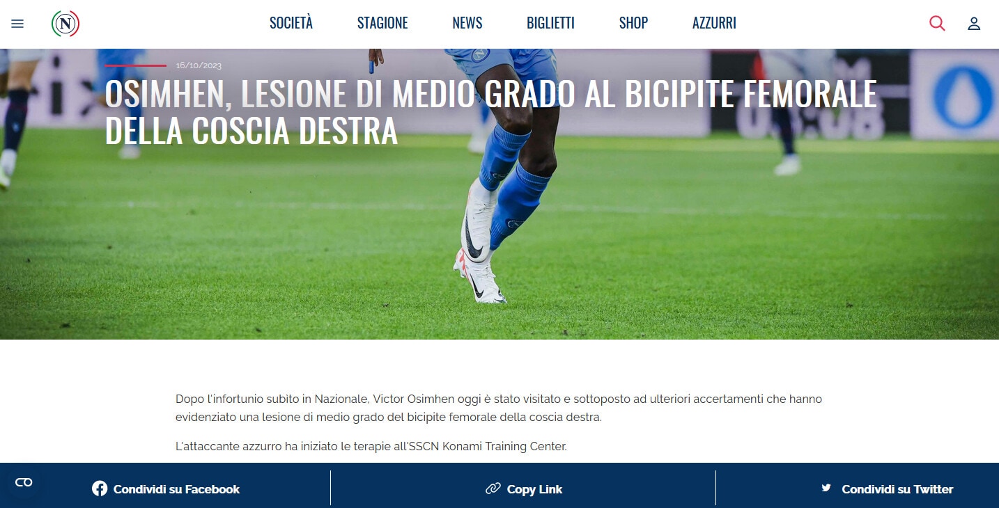 Infortunio Osimhen: il Napoli perde il nigeriano per 1 mese