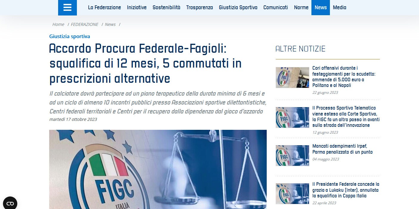 Juve, patteggiamento Fagioli: 7 mesi di squalifica e 5 di riabilitazione