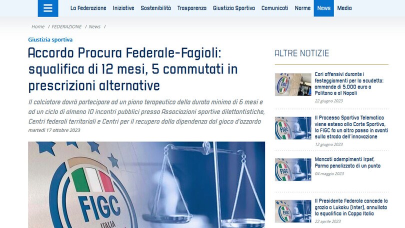 Juve, patteggiamento Fagioli: 7 mesi di squalifica e 5 di riabilitazione