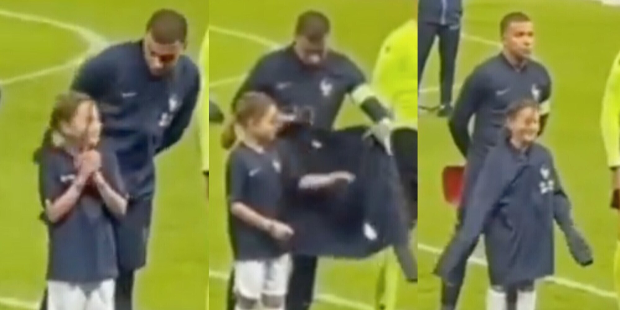 Mbappé, gesto da campione: la bimba ha freddo, lui la copre