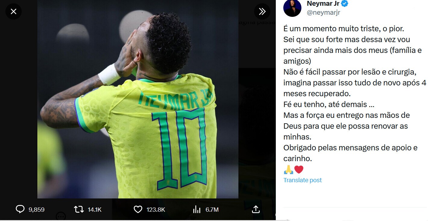 Neymar, grave infortunio per il calciatore: rottura crociato anteriore