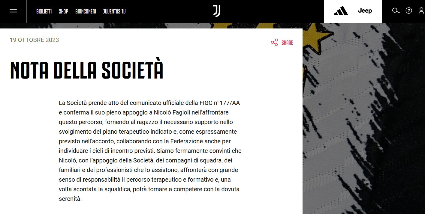 Juventus, nota sulla squalifica di Fagioli: “Pieno appoggio e sostegno al giocatore"