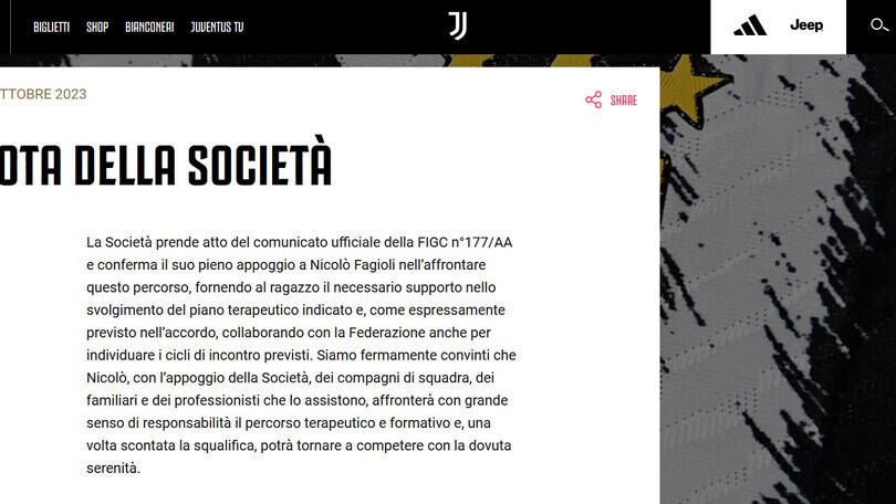 Juventus, nota sulla squalifica di Fagioli: “Pieno appoggio e sostegno al giocatore"