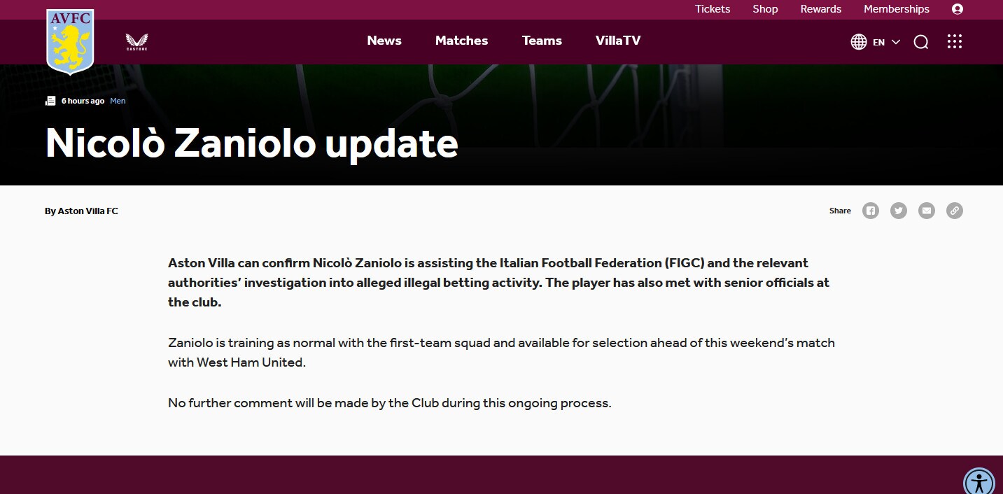 Caso scommesse, l'Aston Villa al fianco di Zaniolo