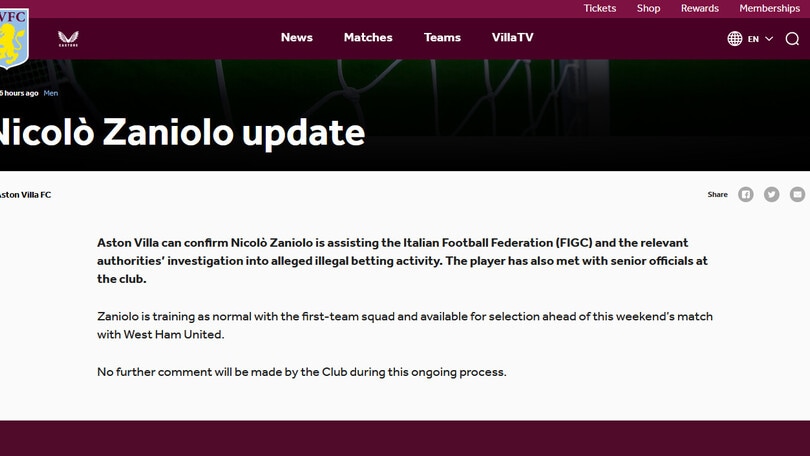 Caso scommesse, l'Aston Villa al fianco di Zaniolo