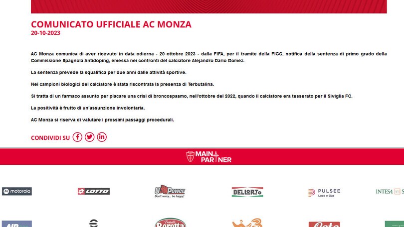 Monza, doping: ufficiale la squalifica per 2 anni di Gomez