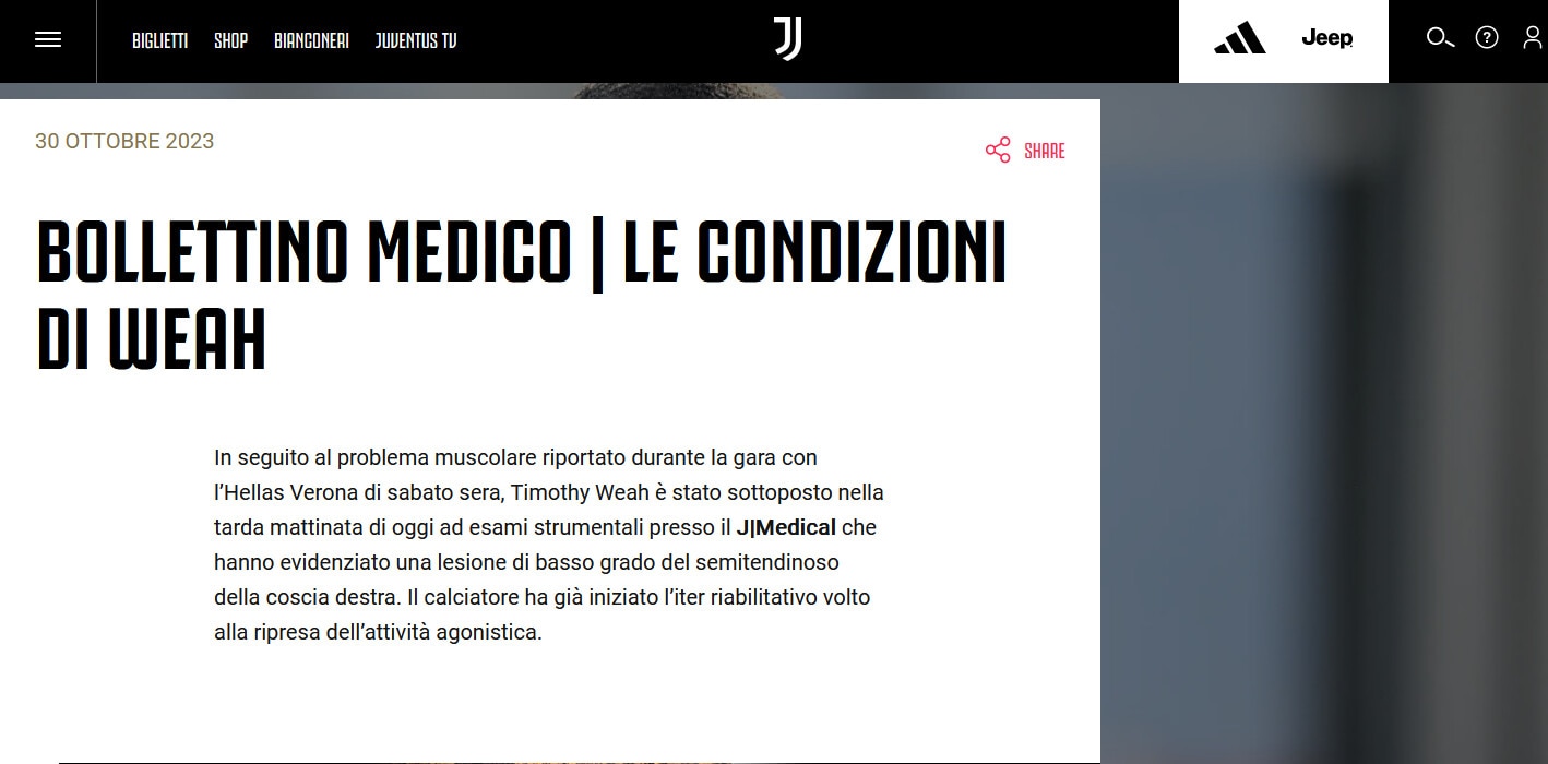 Juve, si ferma Weah: 20 giorni di stop per lo statunitense