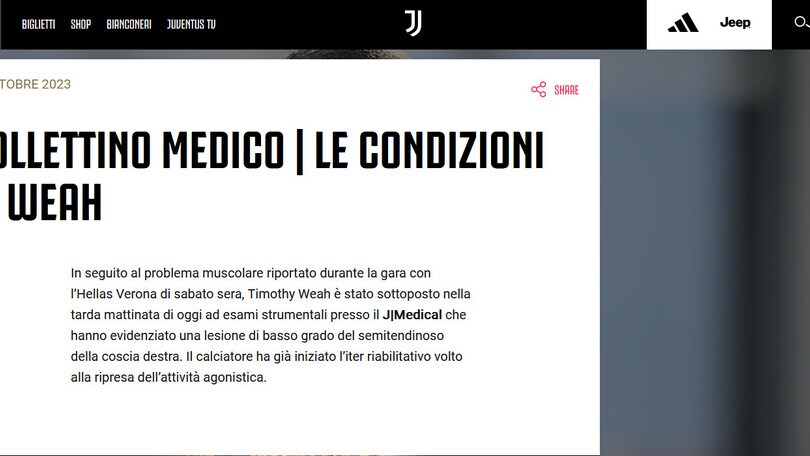 Juve, si ferma Weah: 20 giorni di stop per lo statunitense