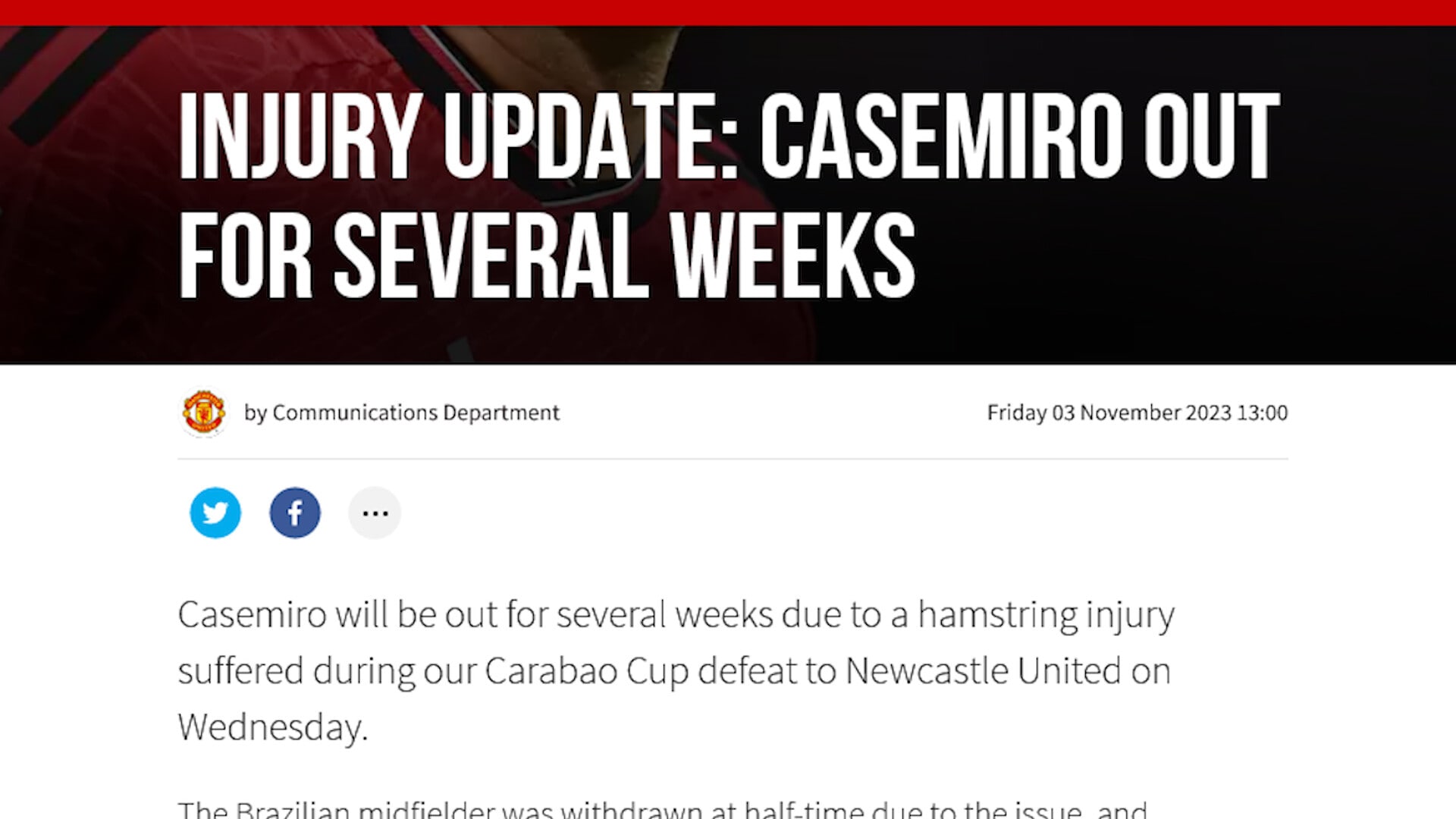 Manchester United, Casemiro out "diverse settimane"