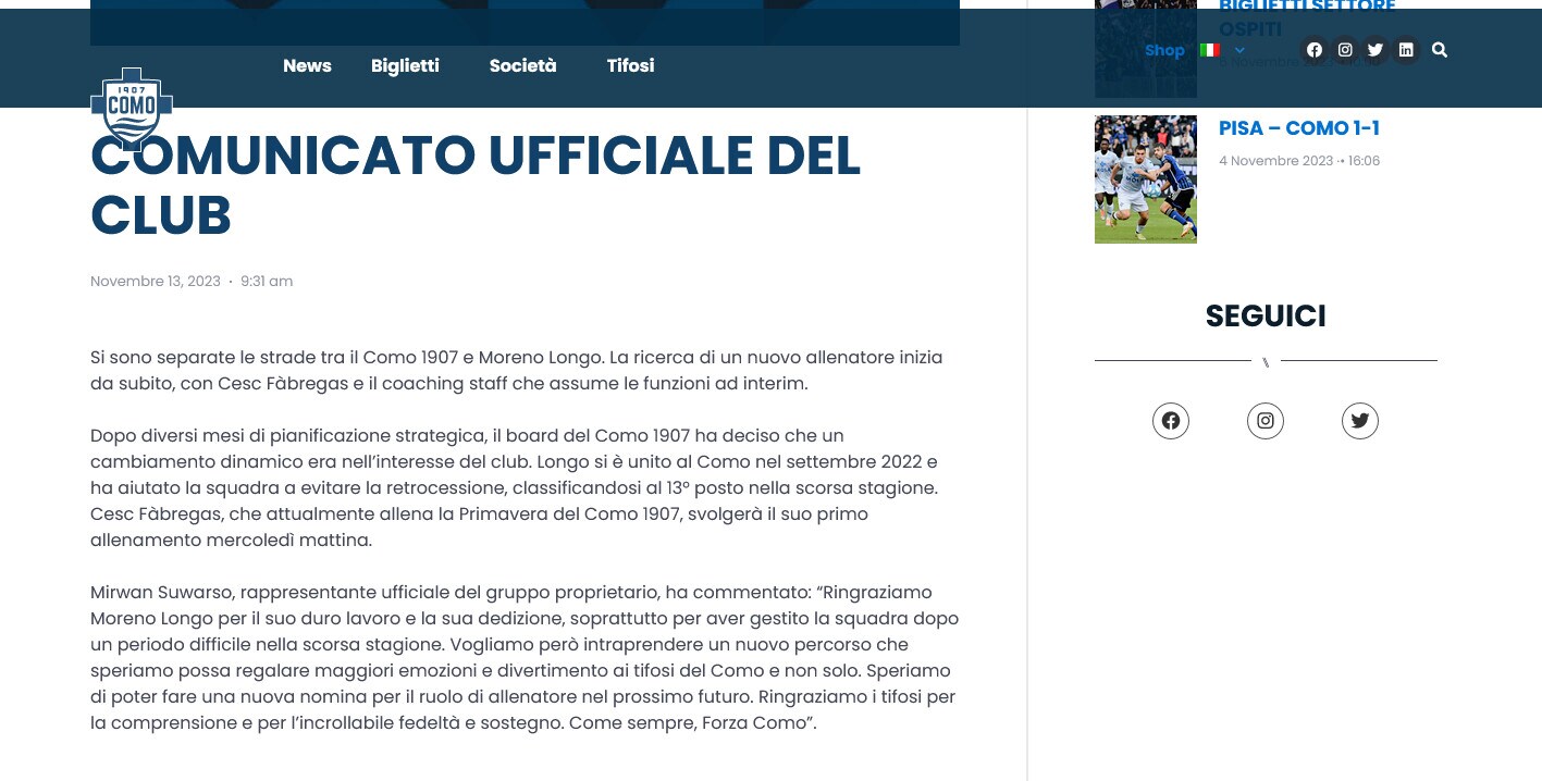 Ufficiale, Como: Fabregas nuovo ellenatore ad interim
