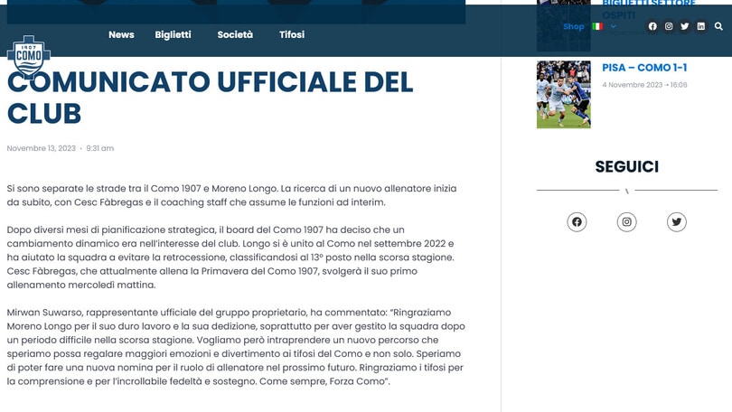 Ufficiale, Como: Fabregas nuovo ellenatore ad interim
