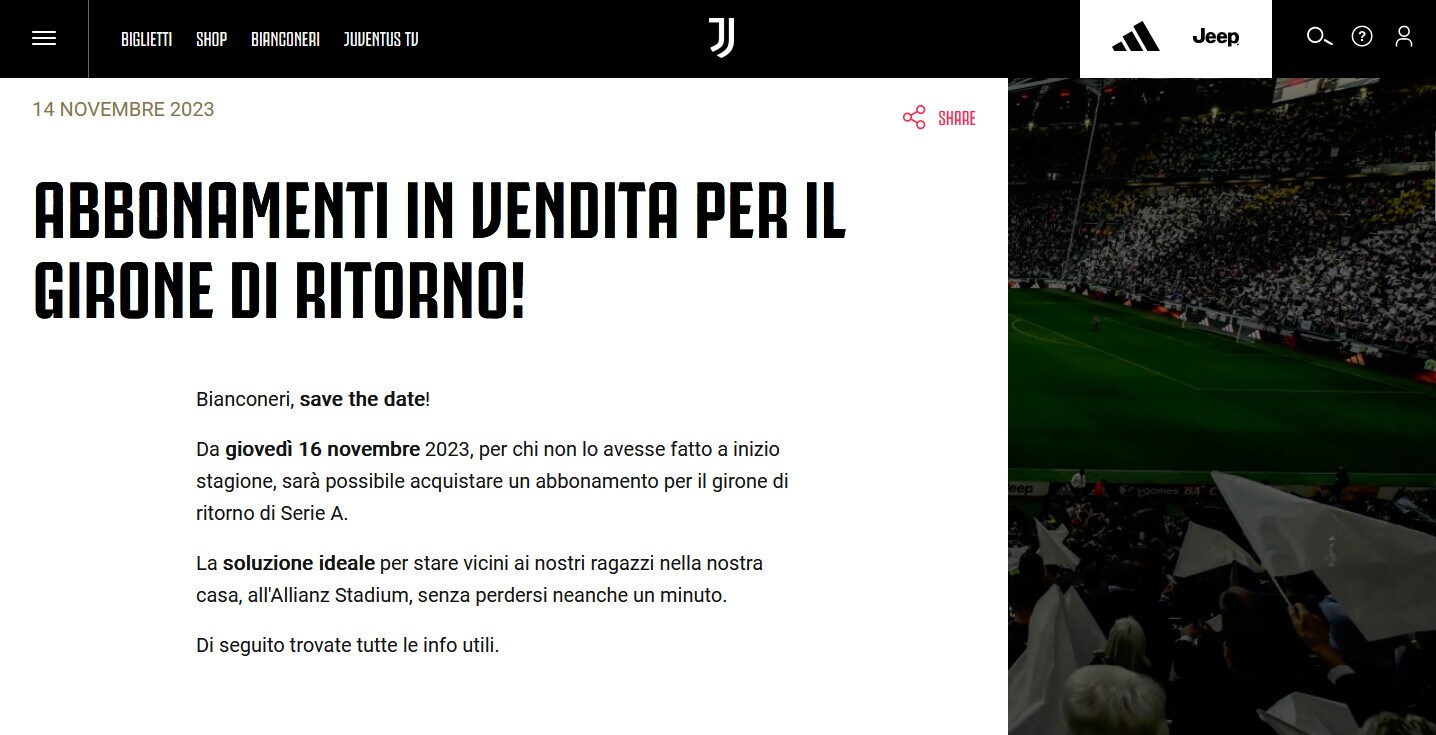 Juventus, riaperta la campagna abbonamenti