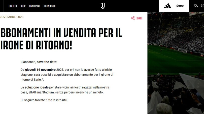 Juventus, riaperta la campagna abbonamenti