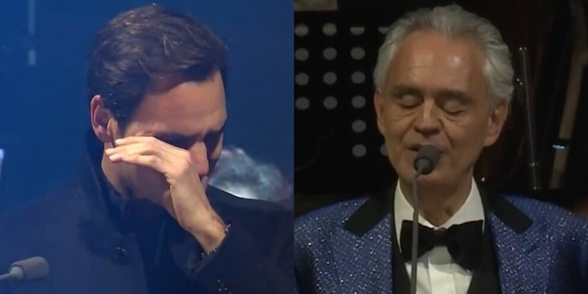 Bocelli fa piangere Federer: lacrime sul palco, la dedica è da brividi