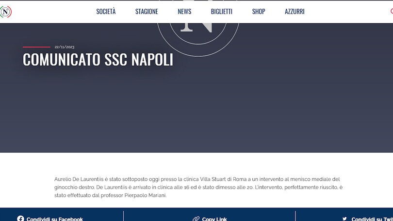 Napoli, operazione al ginocchio per De Laurentiis