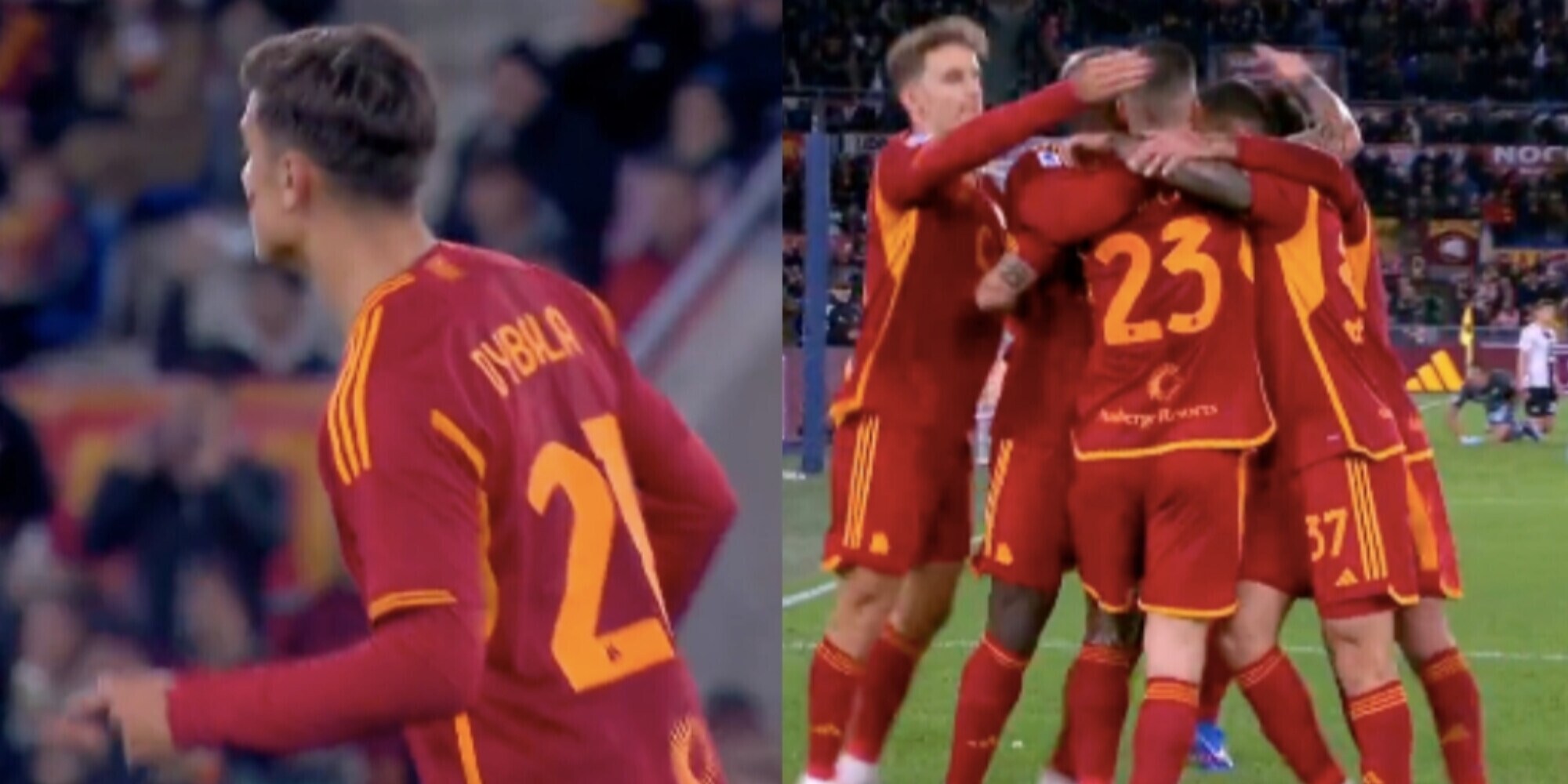 Roma, il gesto di Dybala al gol di Mancini è virale
