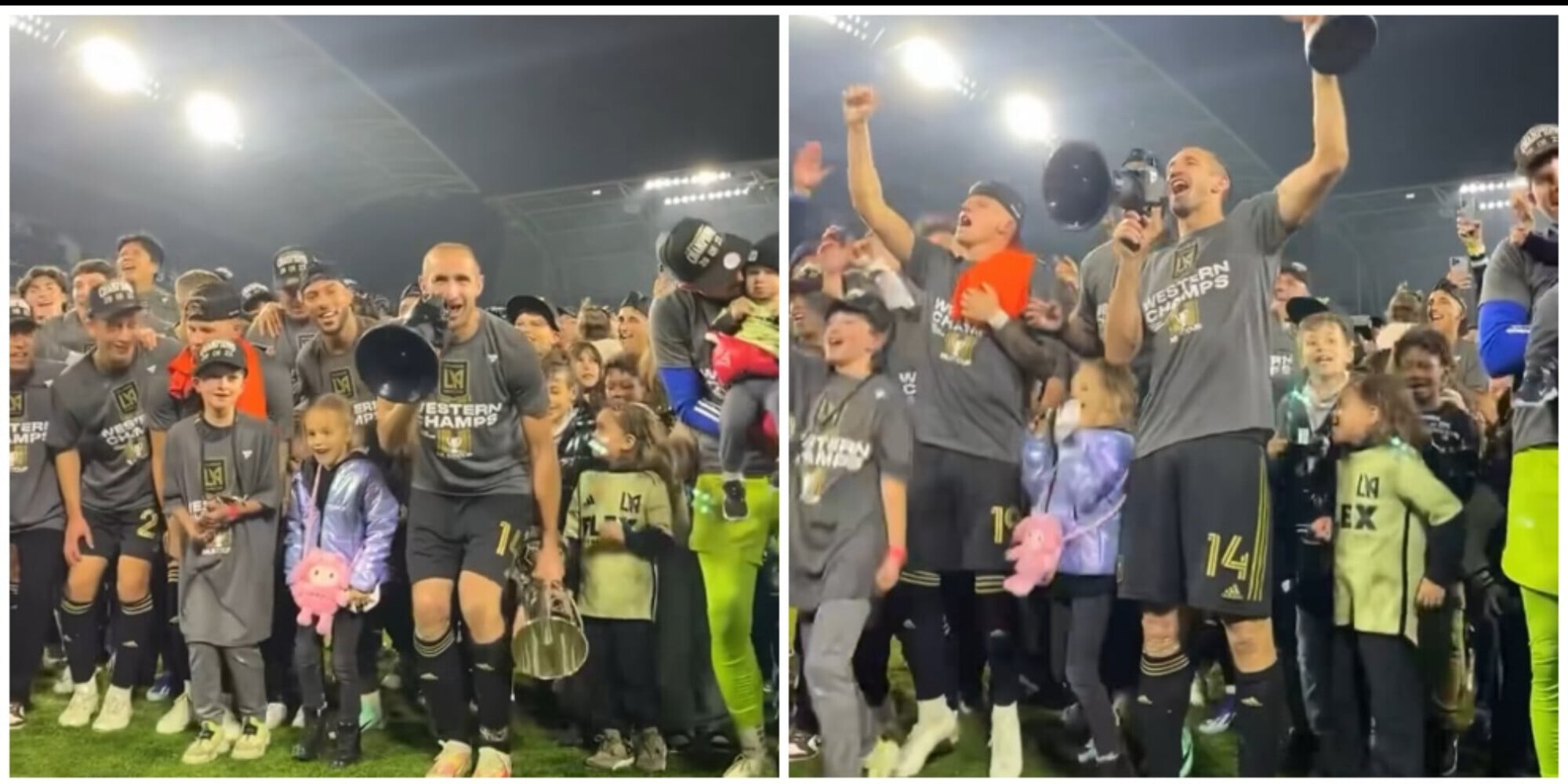 Chiellini show dopo il trionfo in Mls, con il megafono canta con i tifosi
