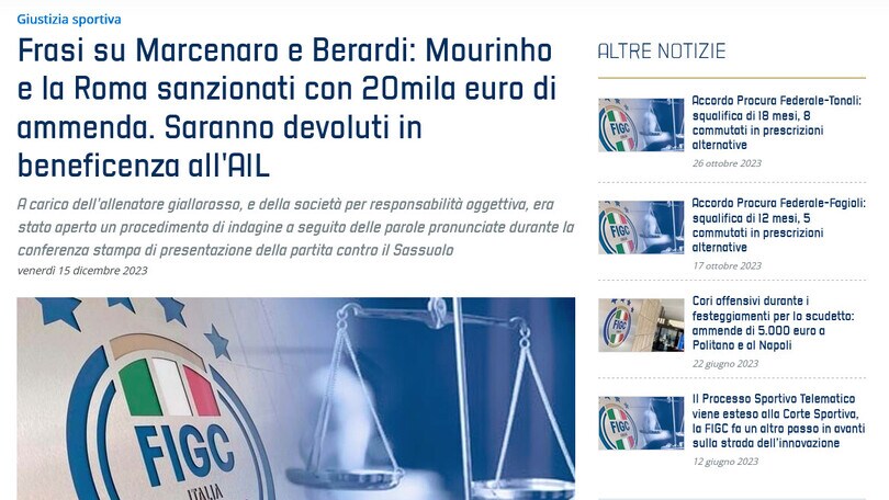 Roma, ammenda da 20mila euro a Mourinho per le frasi su Marcenaro