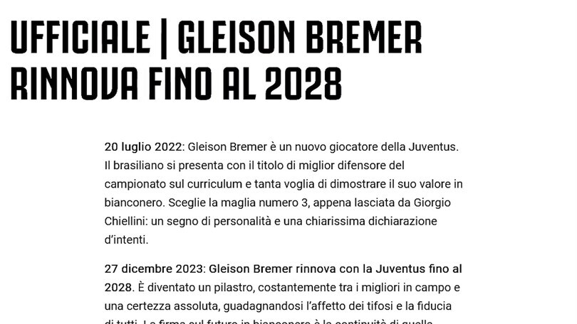Ufficiale, Juve: Bremer ha rinnovato fino al 2028