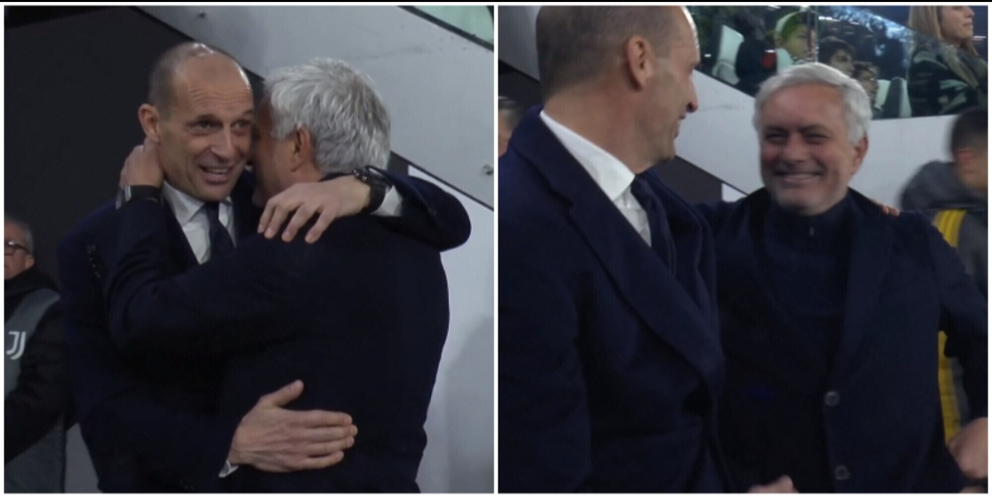 Allegri e Mourinho, il dettaglio sull'abbraccio prima di Juve-Roma colto dalla tv