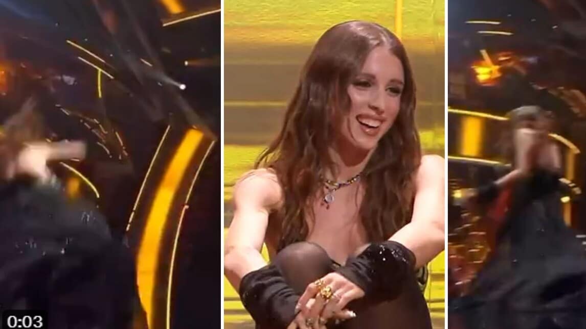 Angelina Mango scivola e inciampa sul palco: la sequenza è virale