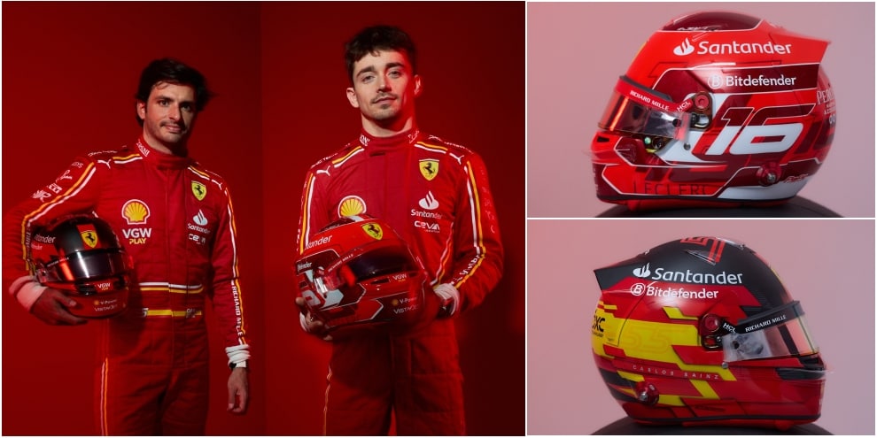 Ferrari, Leclerc e Sainz svelano i nuovi caschi per il Mondiale 2024