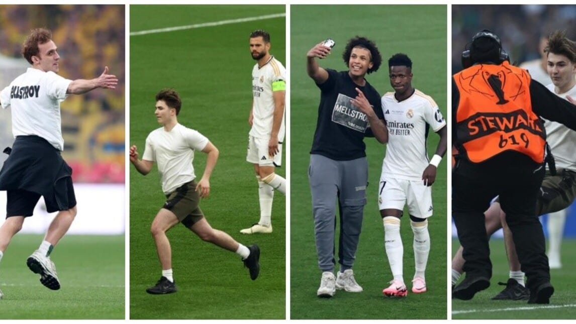 Borussia-Real, tre invasori dopo 30 secondi: uno va a farsi un selfie con Vinicius