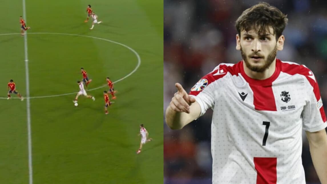 Spagna-Georgia, Kvaratskhelia sfiora il gol da centrocampo