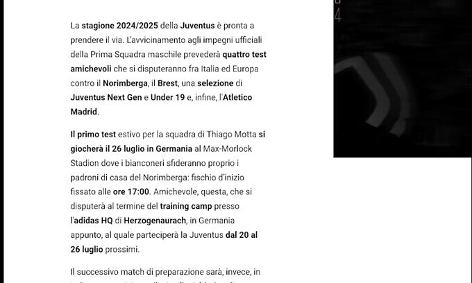 Juventus, ufficializzati i primi test estivi