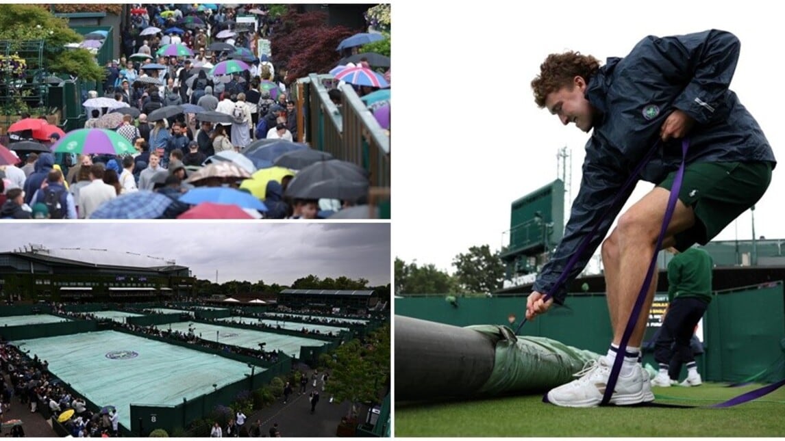 Pioggia a Wimbledon: teloni sui campi e ombrelli sugli spalti