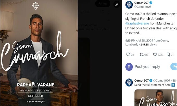 Como, è ufficiale l'arrivo di Varane