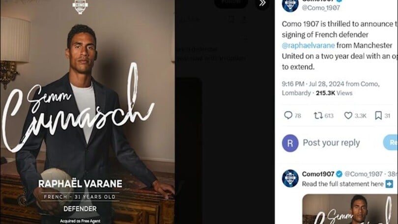 Como, è ufficiale l'arrivo di Varane